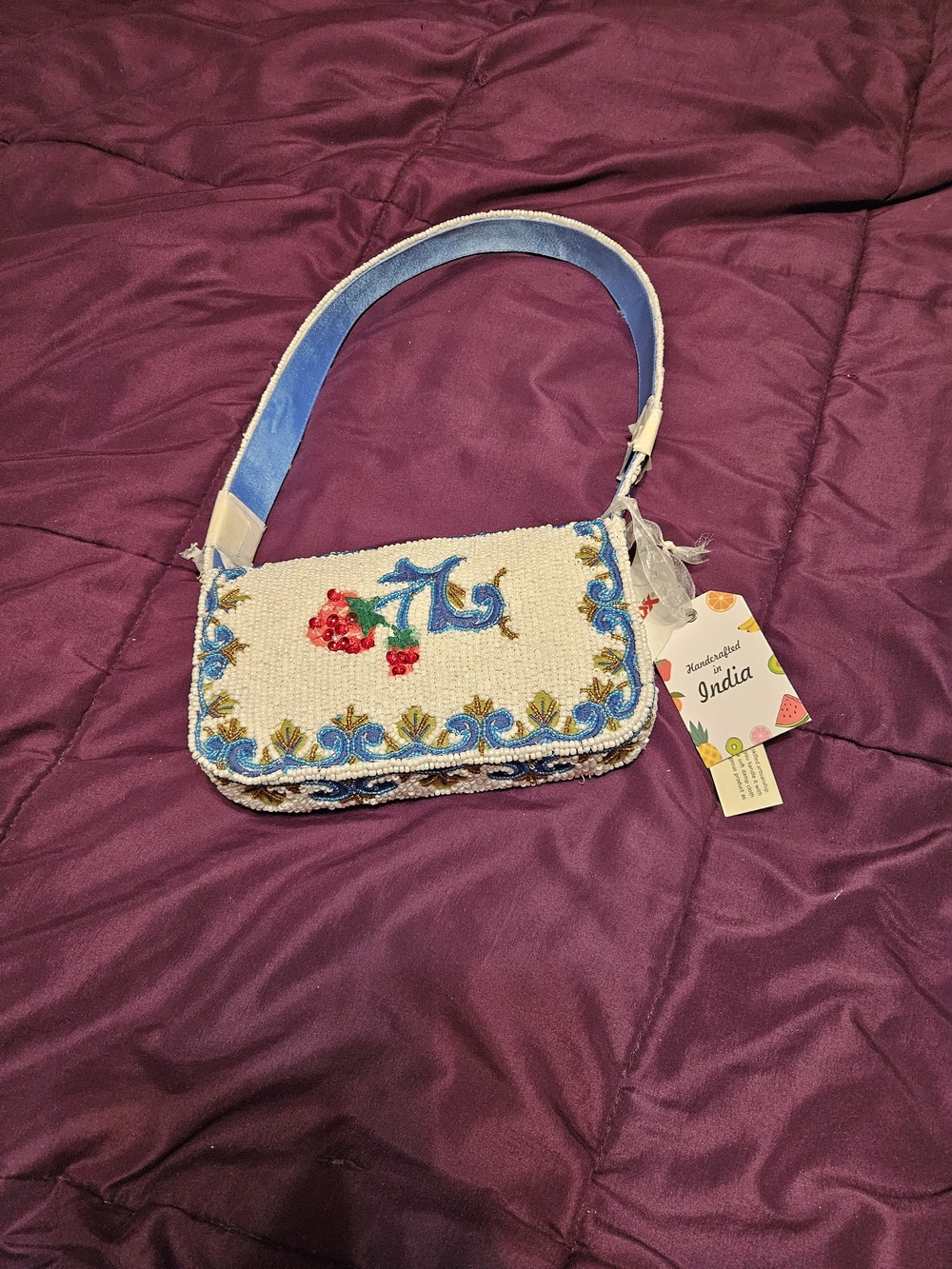 Beaded Floral Crossbody Bag - White with Blue & Red Accents - Picture 3 of 3